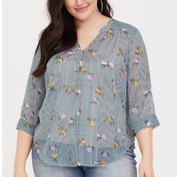 Torrid - Harper Chiffon Blouse Teal Blue Stripe - Size 0 (12/L) - Picture 1 of 7